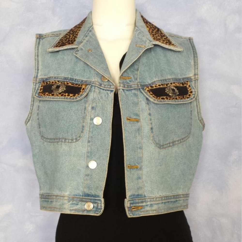 Vintage Denim and Faux Leopard Print Fur Vest